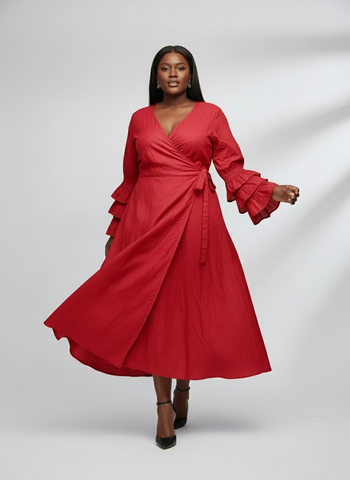Solid Wrap Ruffle Sleeves Dress