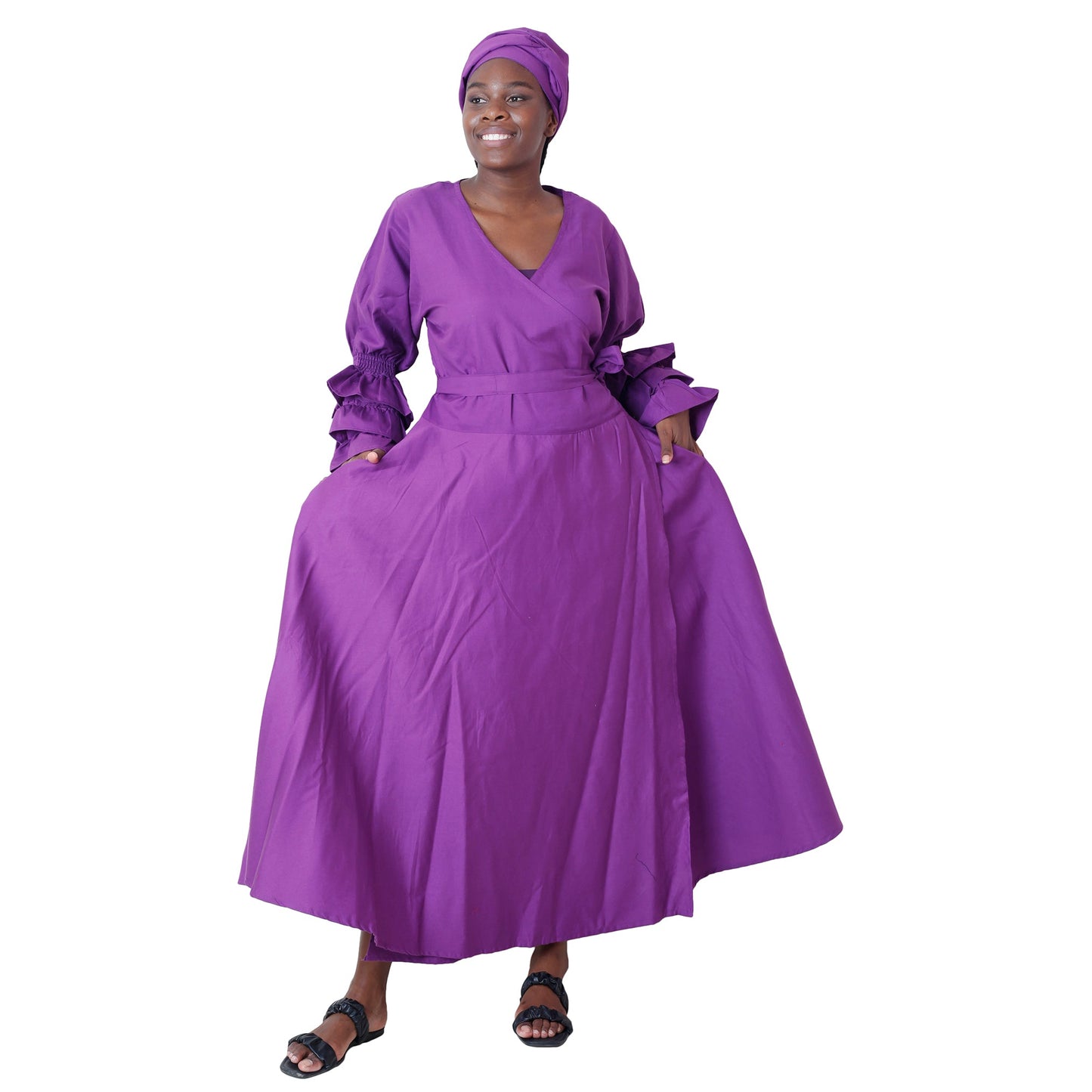 Solid Wrap Ruffle Sleeves Dress