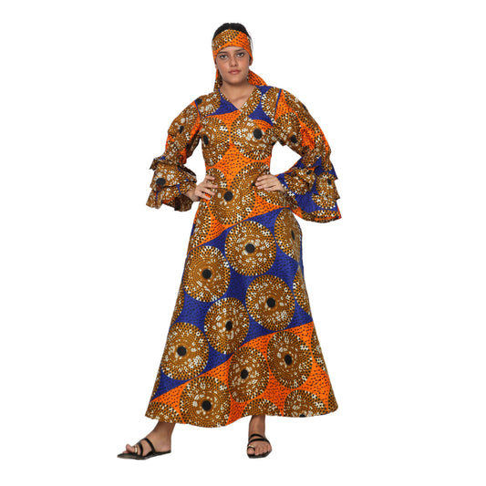 Woman wearing a colorful patterned dress on a white background