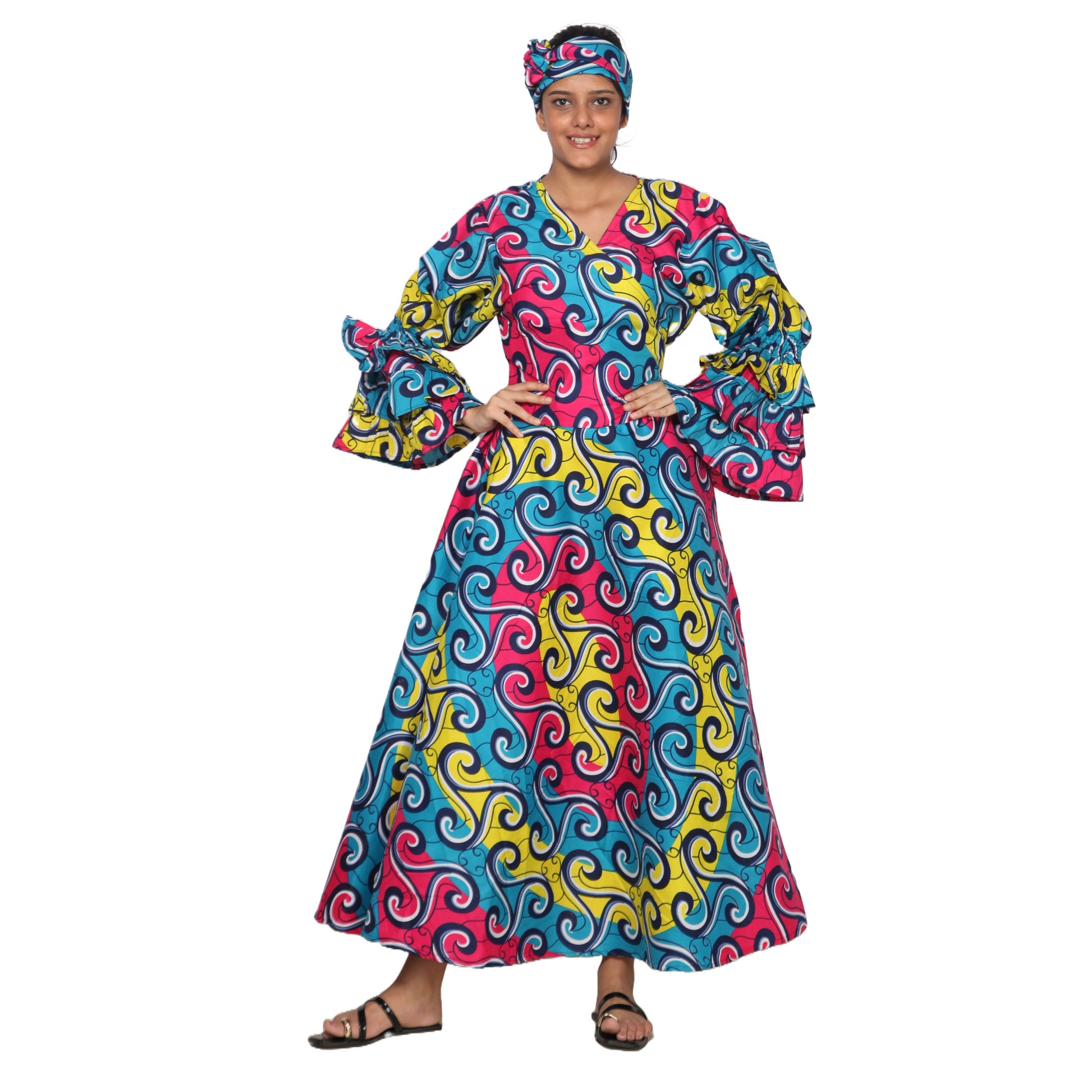 Woman wearing a colorful patterned dress on a white background