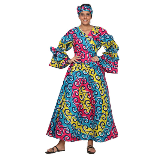 Woman wearing a colorful patterned dress on a white background