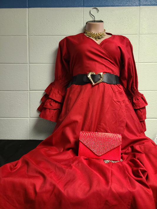 Solid Wrap Ruffle Sleeves Dress